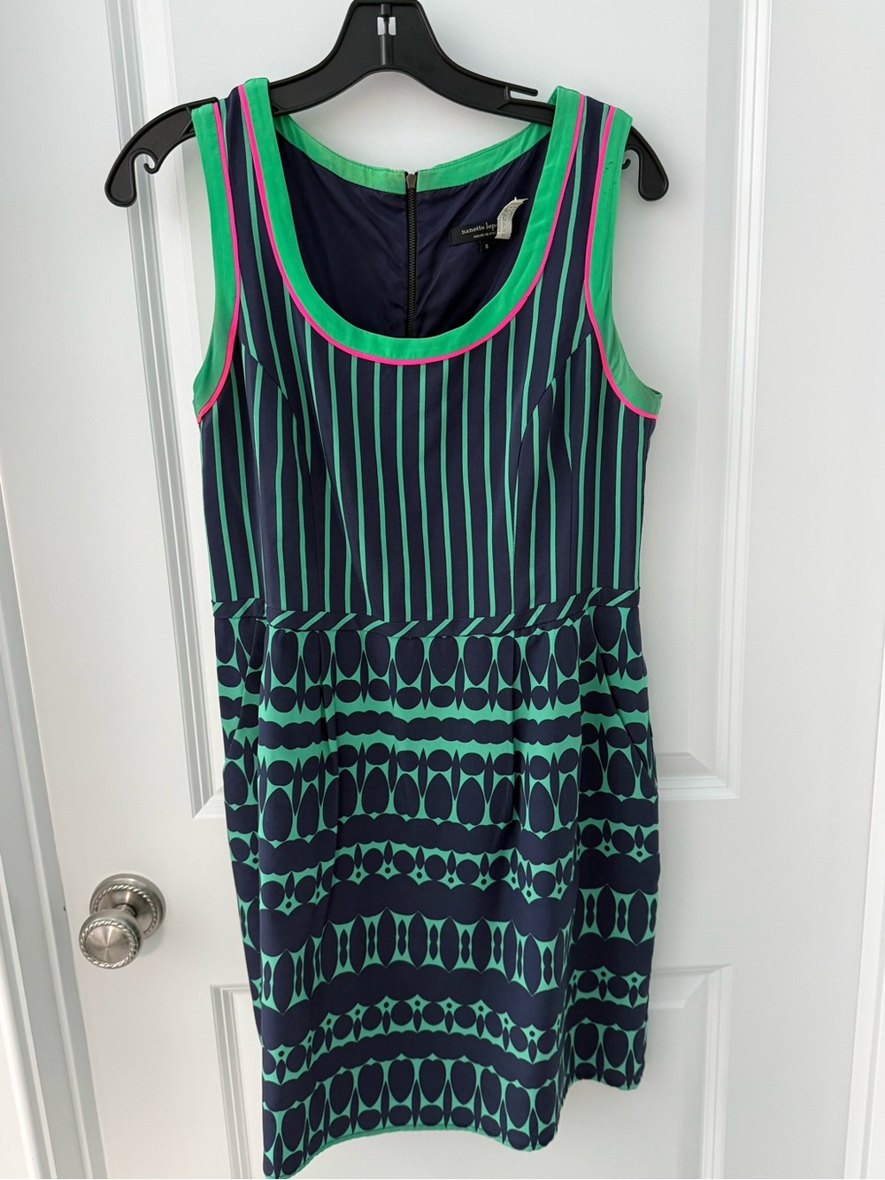 Nanette Lepore Navy Dress with Teal Stripes and Pink Trim